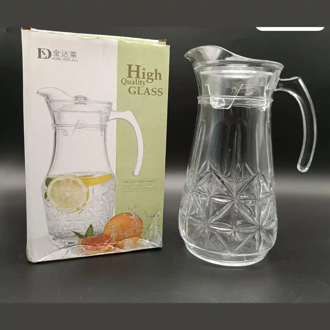 1.8L Clear Glass Water Jug with Handle & Lid – Decorative Design