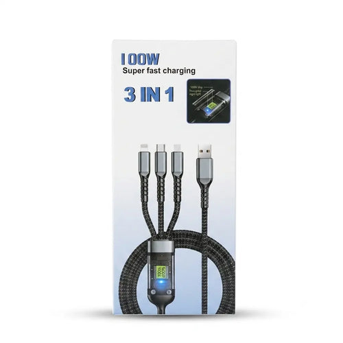 100W 3-in-1 Fast Charging Braided USB Cable – USB to Type-C, Lightning & Micro USB