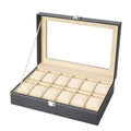 12-Slot PU Leather Watch Box – Display Case with Glass Lid & Lock