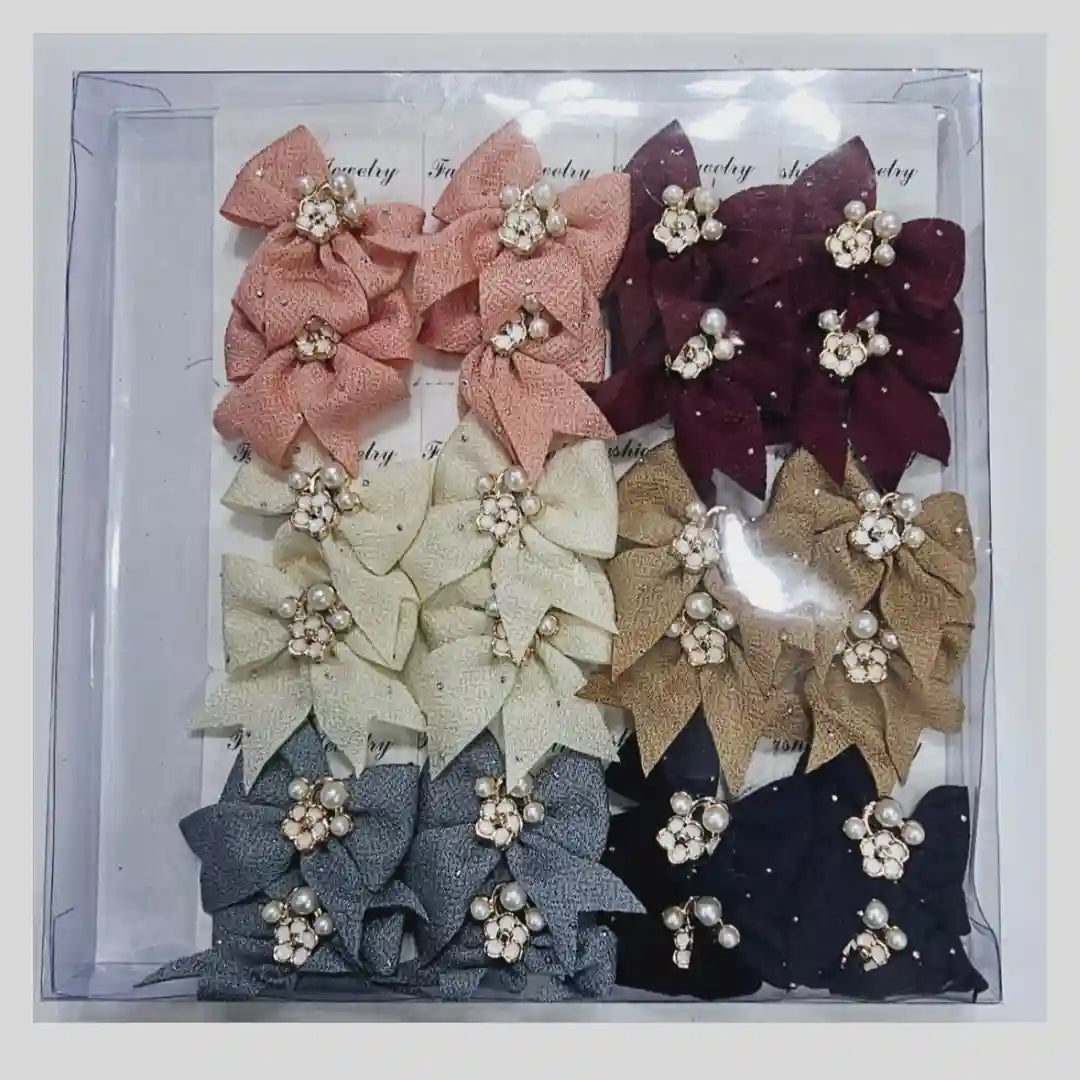 12pcs Pearl Bloom Bow Hair Clips – Multi-Colour Set | Girls & Women Hair Accessories