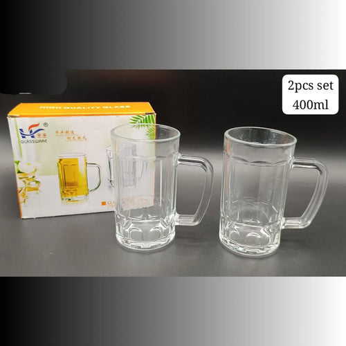 2-Piece Glass Mug Set (400ml) – Heavy-Duty Clear Beer & Coffee Cups | Premium Glassware Collection