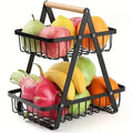 2-Tier Fruit & Vegetable Basket Stand – Detachable Kitchen Storage Organizer with Wooden Handle