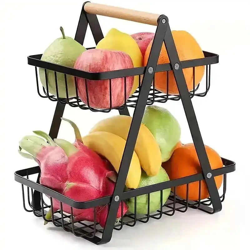 2-Tier Fruit & Vegetable Basket Stand – Detachable Kitchen Storage Organizer with Wooden Handle