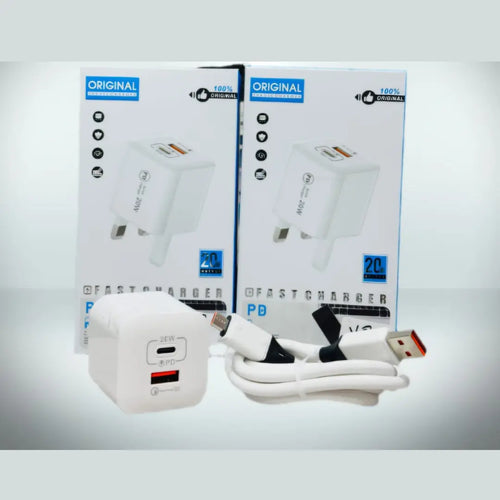20W PD Fast Charger – USB-C + USB-A | Micro / Type-C Cable