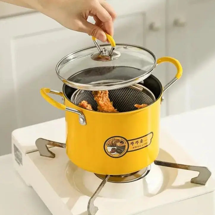 2L Deep Fryer Pot with Strainer Basket & Glass Lid – Non-Stick Yellow Frying Pot for Home Cooking