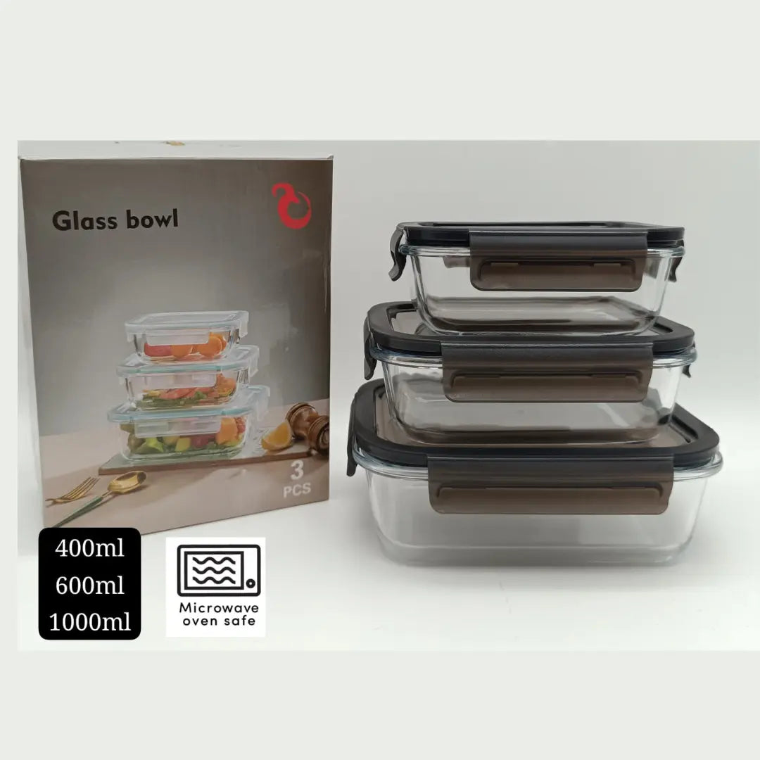 3-Piece Glass Food Storage Container Set – 400ml / 600ml / 1000ml | Airtight & Microwave Safe