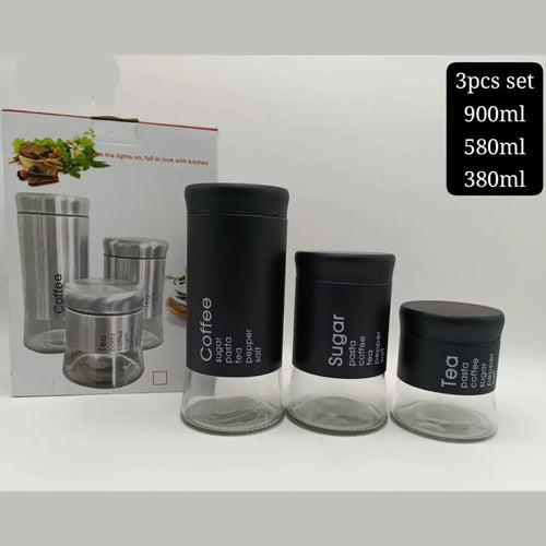 3-Piece Glass Storage Jar Set – 900ml / 580ml / 380ml | Airtight Coffee, Sugar & Tea Containers