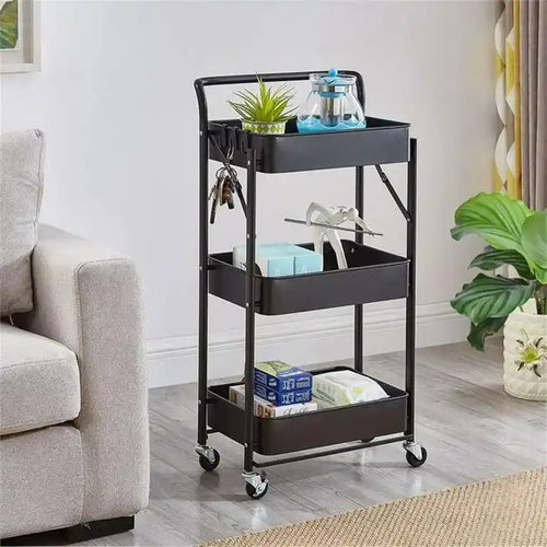 3-Tier Folding Rolling Storage Cart with Wheels – Multipurpose Organizer Trolley