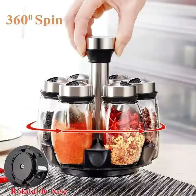 360° Rotating Spice Rack with 6 Glass Jars – Stainless Steel Lids, Space-Saving Kitchen Organizer