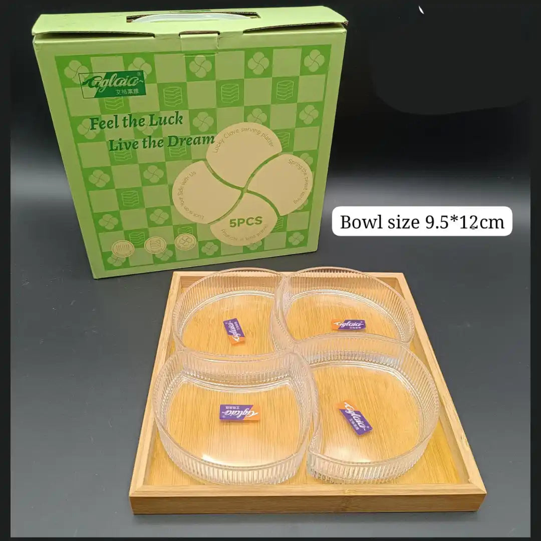 5-Piece Glass Bowl Set with Wooden Tray – Elegant Serveware