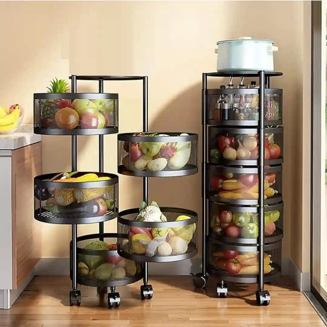 5-Tier Rotating Mesh Storage Rack with Wheels – Space-Saving Kitchen Organizer (90cm Height)