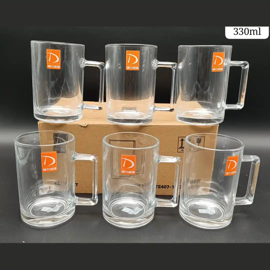 6-Piece Glass Mug Set (330ml) – Heavy-Duty Clear Coffee & Tea Cups