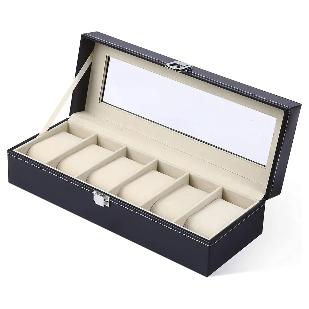 6-Slot Watch Organizer Box – PU Leather Watch Storage Case with Glass Lid