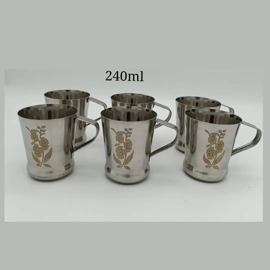 6pcs Stainless Steel Mug Set 240ml – Durable Floral Tea & Coffee Mugs