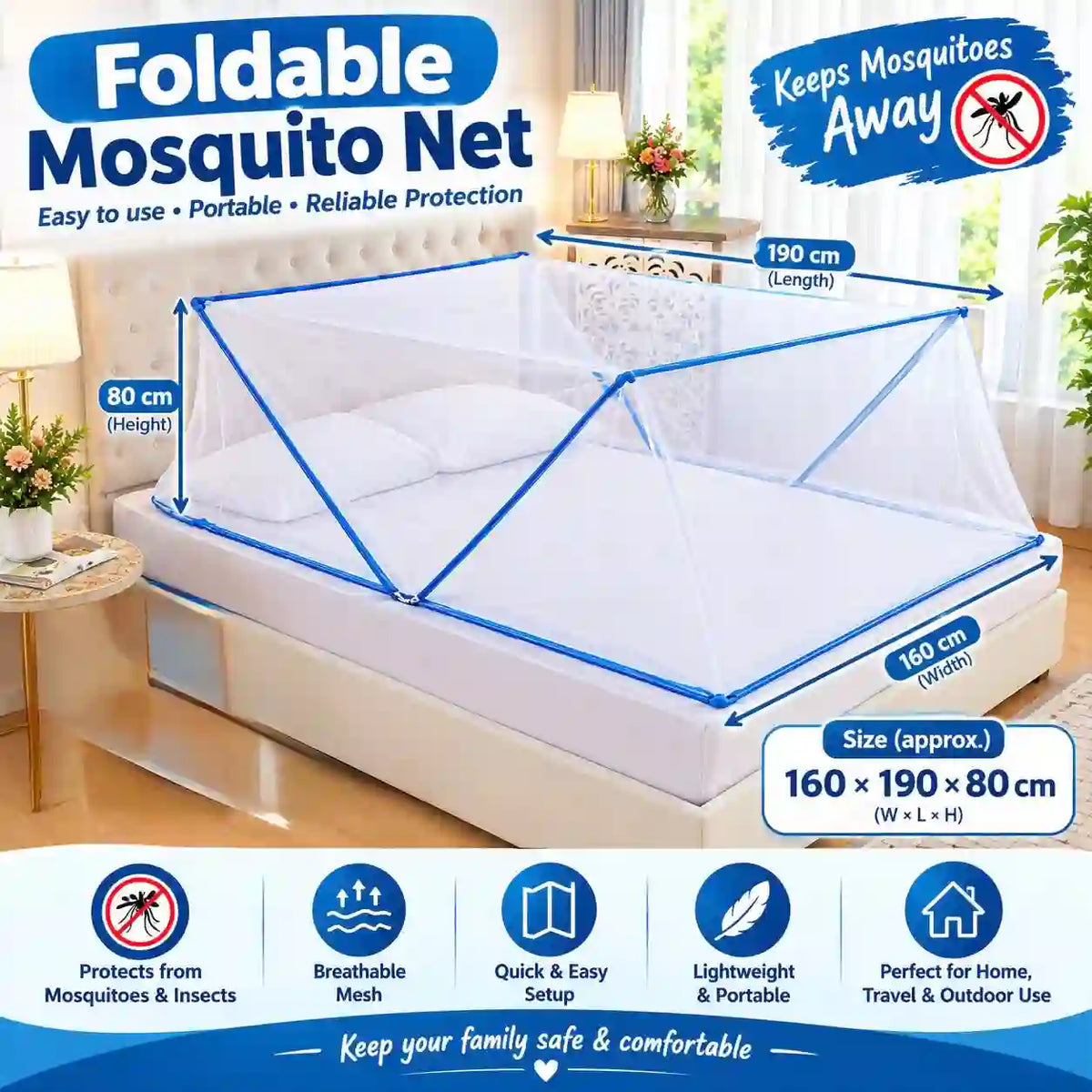 Foldable Mosquito Net for Bed – Portable Pop-Up Bed Net 160 × 190 × 80cm