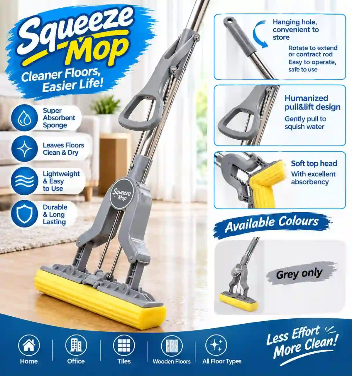 Squeeze Mop – Super Absorbent Sponge Floor Cleaning Mop
