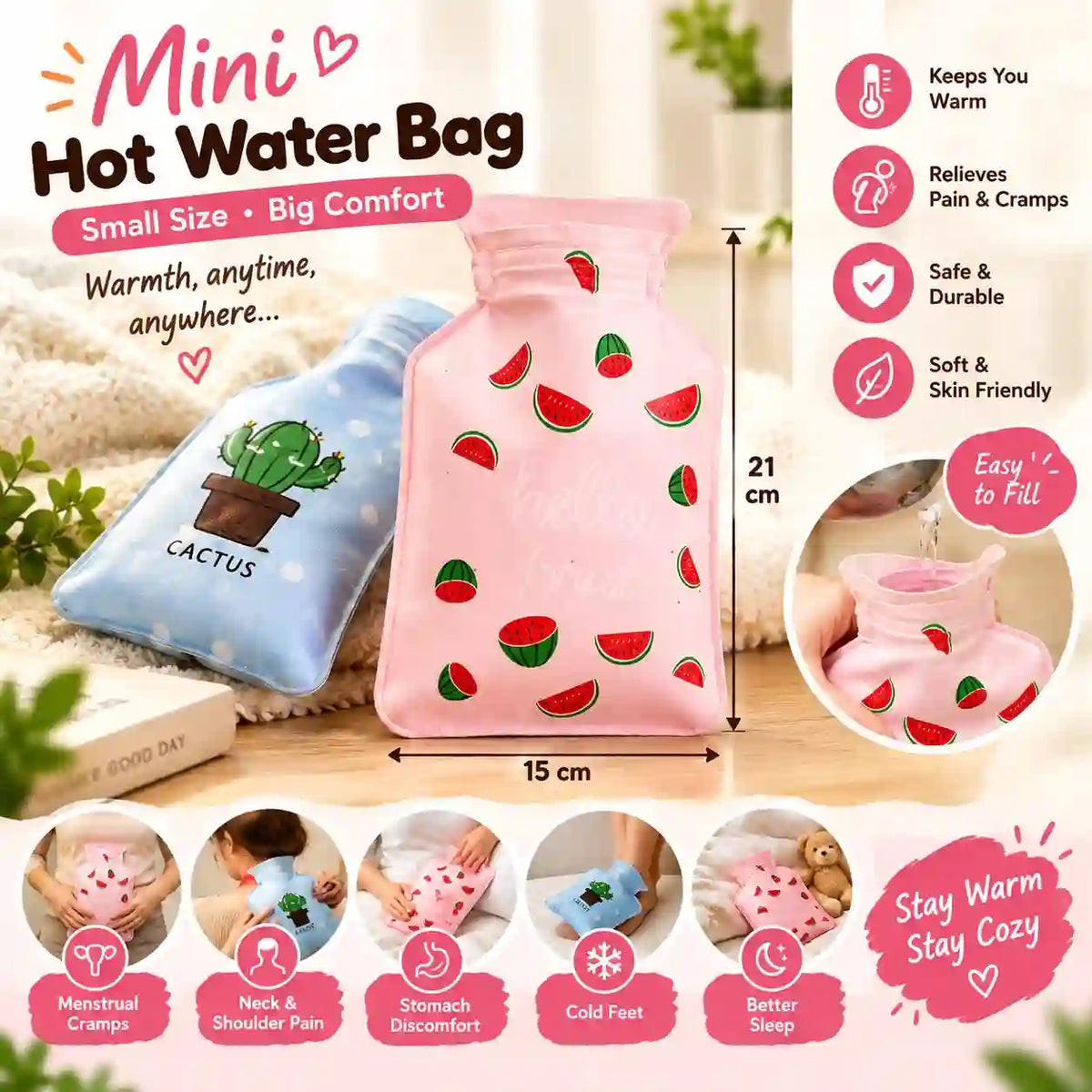 Mini Hot Water Bag – Cute Printed Design, Portable Warm Water Bottle 15cm × 21cm