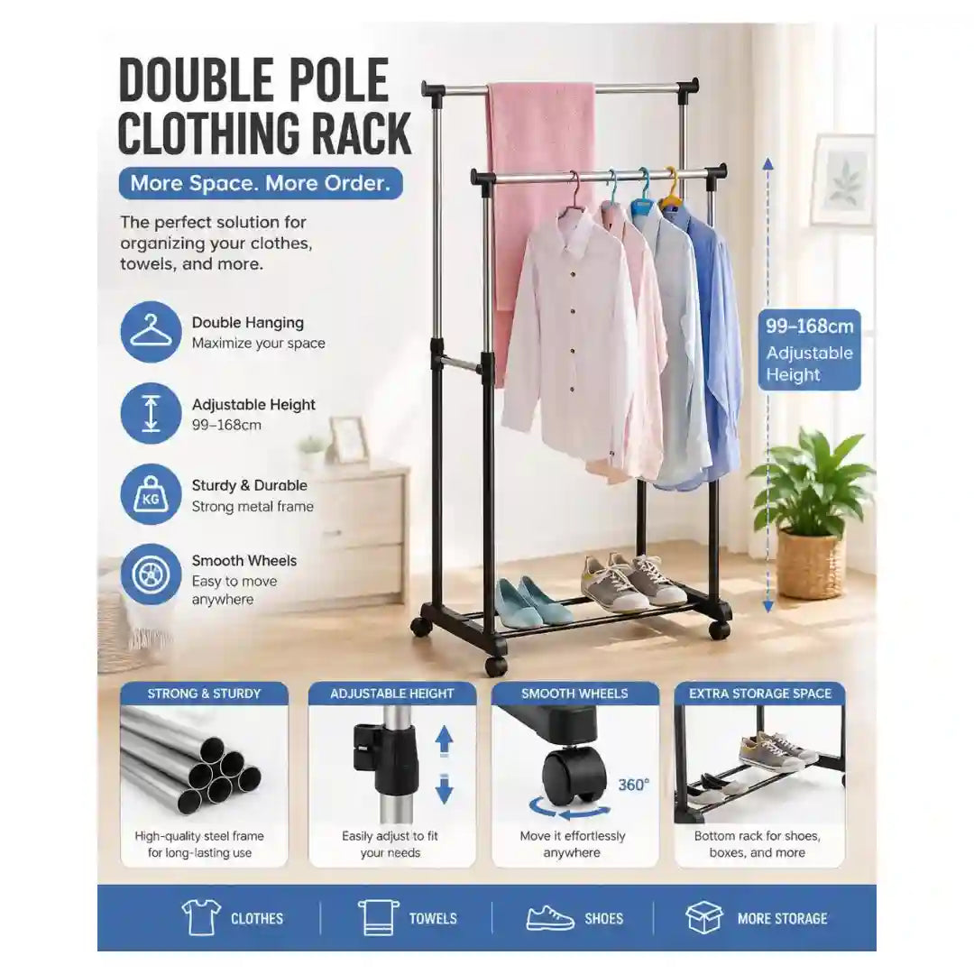 Double Pole Clothing Rack with Adjustable Height, Wheels & Bottom Shoe Storage
