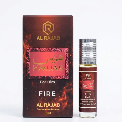 Al Rajab Hawas Fire For Him Concentrated Perfume Oil 6ml | Alcohol-Free Roll-On Attar for Men