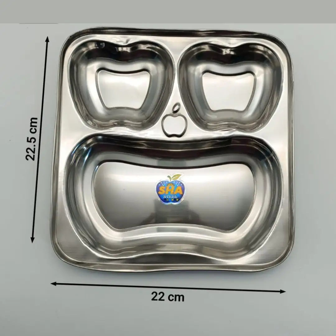 Apple Shape Stainless Steel Kids Plate – 3 Compartments (22×22.5cm)