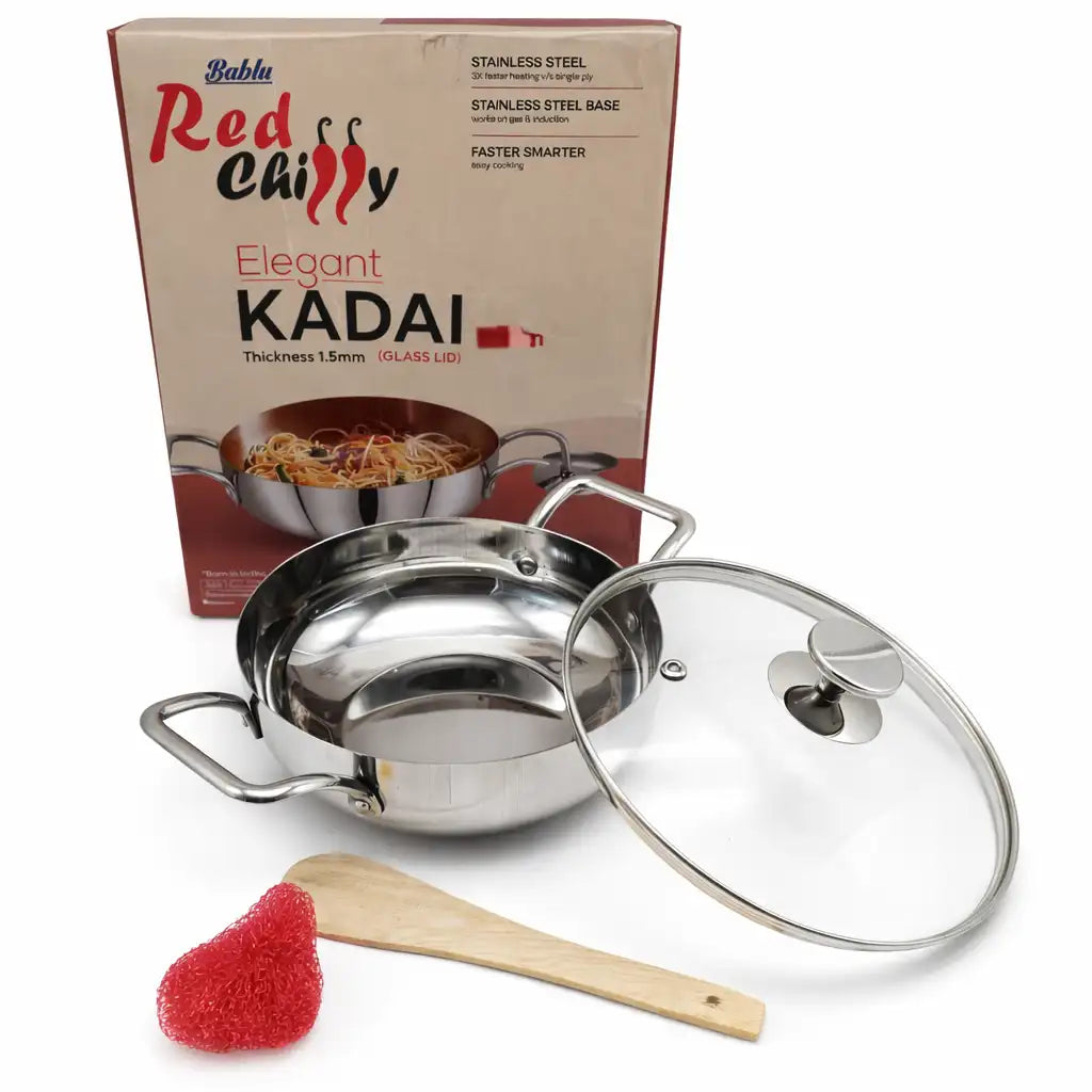 Bablu Red Chilly Stainless Steel Kadai with Glass Lid – 20cm / 22cm
