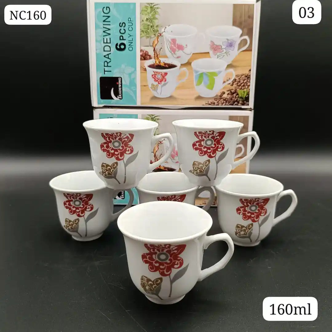 Ceramic Tea Cup Set 160ml – 6 Piece | Four Designs | Daily Tea & Coffee Cups