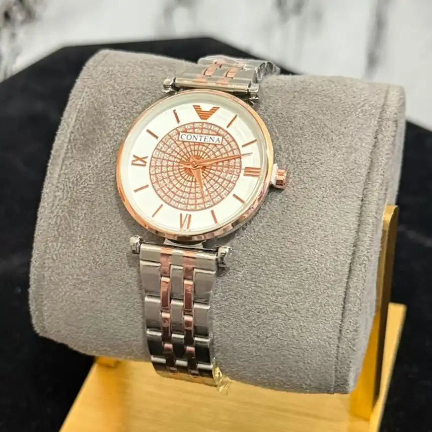 Contena Luxury Quartz Watch for Women – Rose Gold & Silver Dial with Crystal Pattern