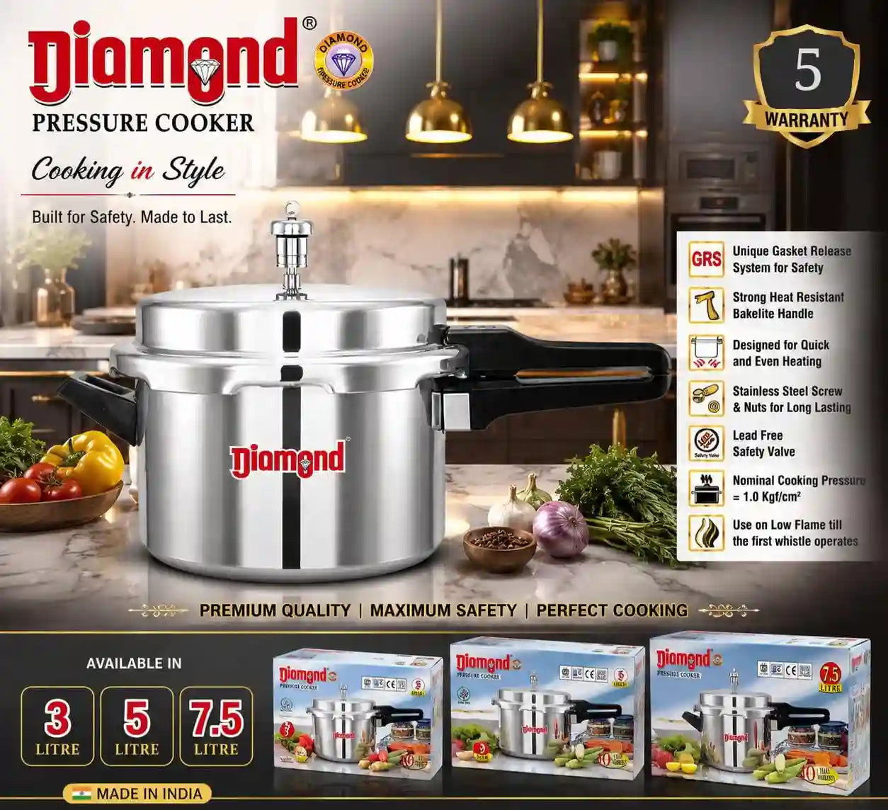 Diamond Aluminium Pressure Cooker with GRS Safety System | 5 Year Warranty | Lead-Free Safety Valve | Even Heating | Made in India | Available in 3L, 5L & 7.5L
