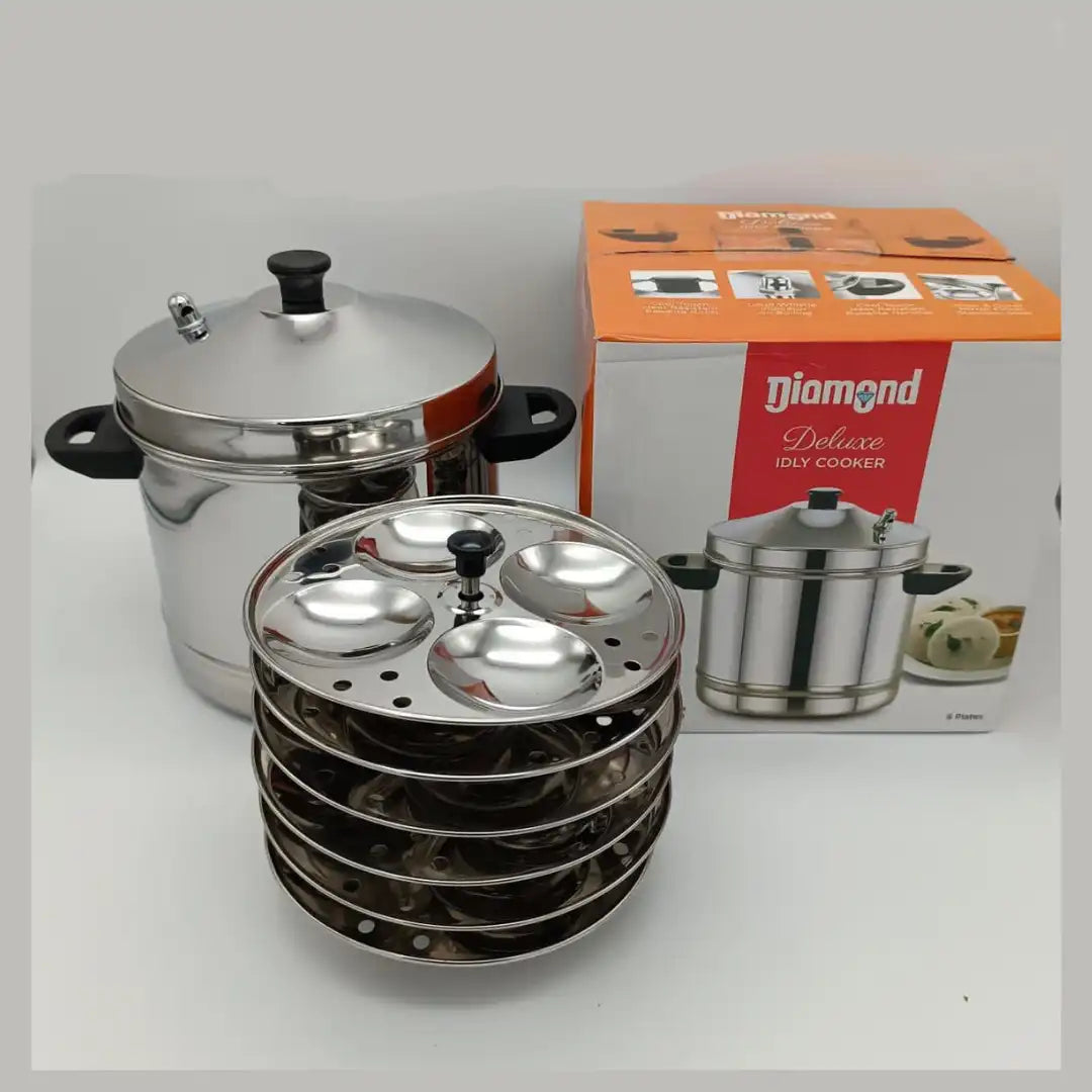 Diamond Deluxe 6-Plate Idly Cooker – Heavy Silver Stainless Steel (24 Idly)