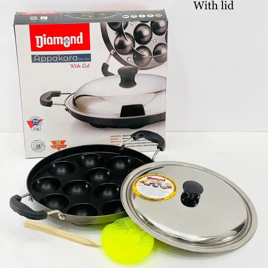 Diamond Non-Stick Kundappa Satti / Appakara with Lid – 12-Pit Die Cast