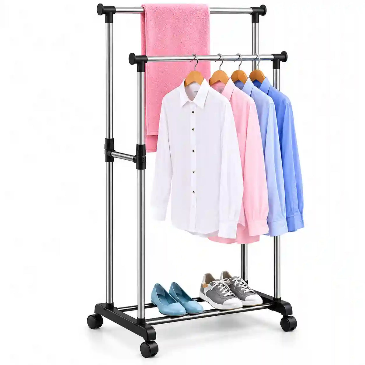 Double Pole Clothing Rack with Adjustable Height, Wheels & Bottom Shoe Storage