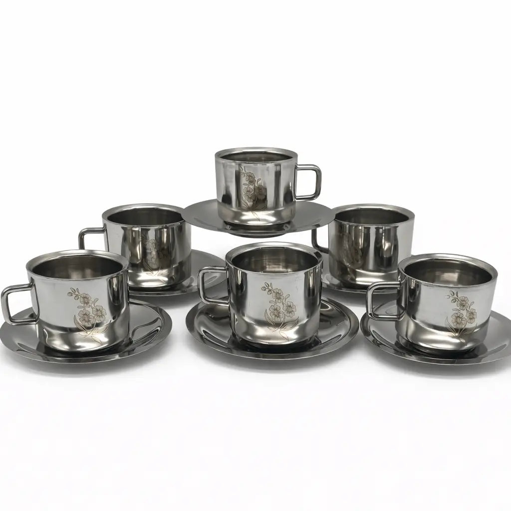 Double Wall Stainless Steel Cup & Saucer Set – 80ml (12 Pcs)