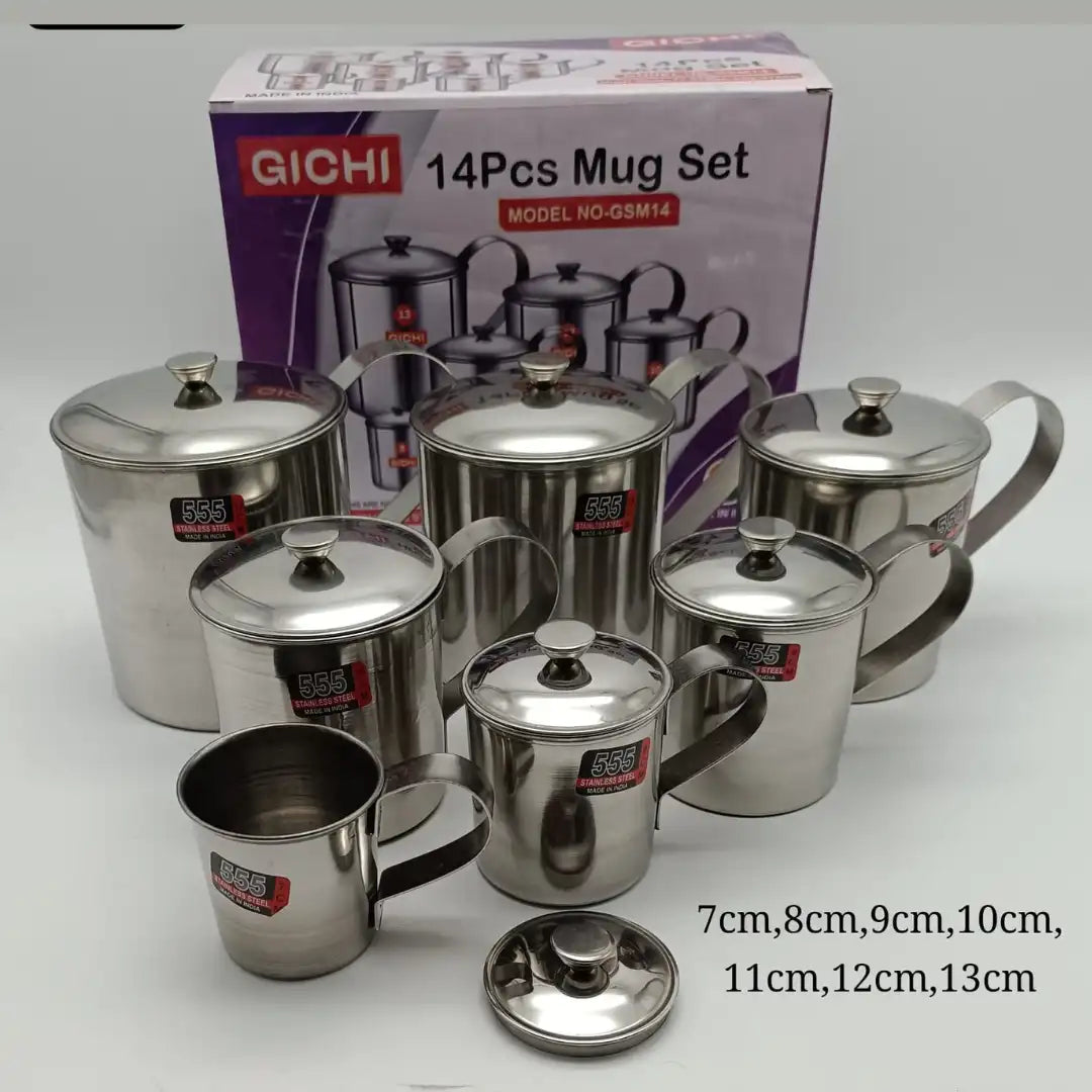 Gichi 14pcs Stainless Steel Mug Set with Lids – 7cm to 13cm | Premium Steel Cups