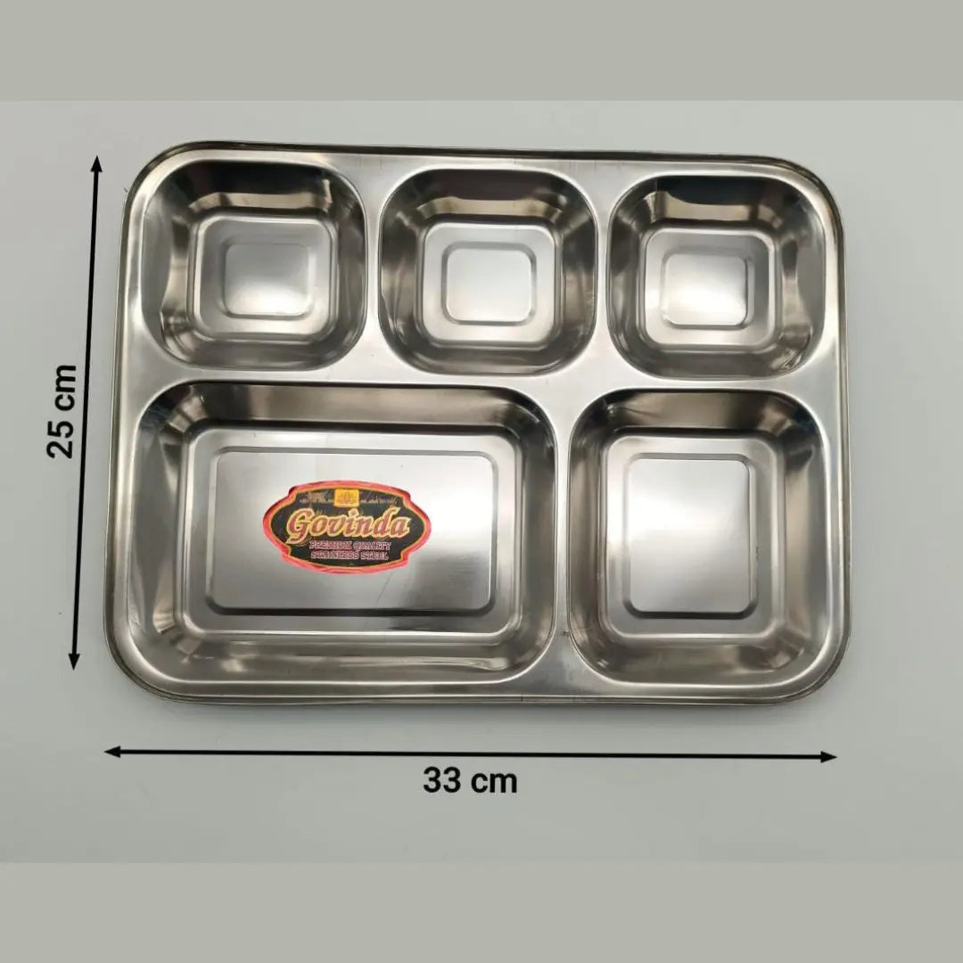 Govinda Stainless Steel 5-Compartment Dinner Plate – 33×25cm