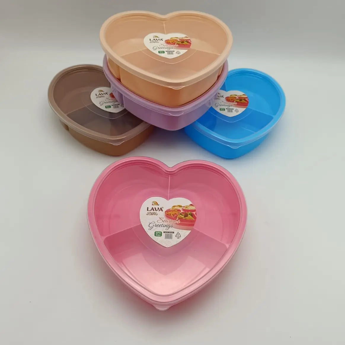Heart-Shaped Food Storage Container – 3-Compartment Lunch Box (20×20cm, Random Colour, 1 Piece)