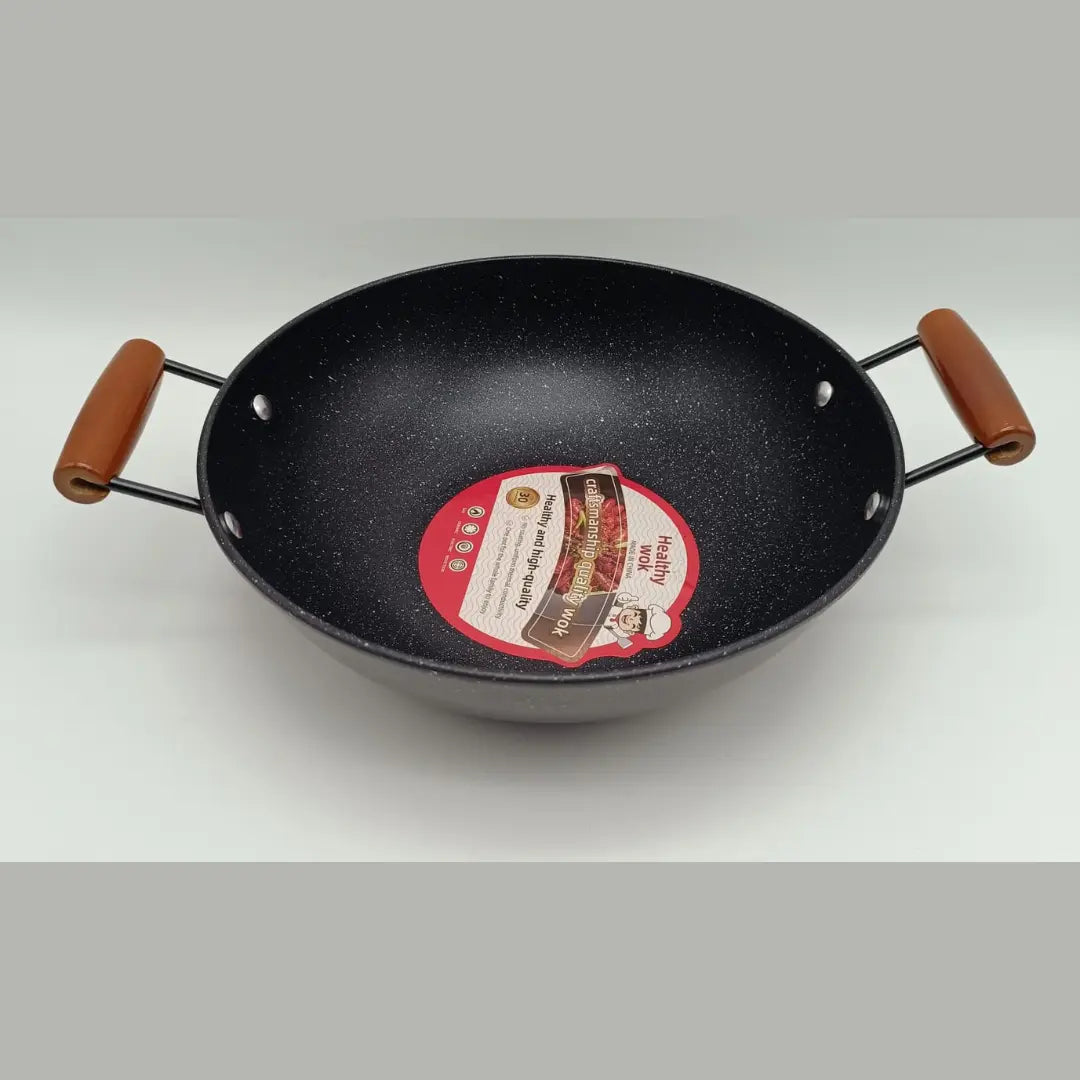 Heavy-Duty Nonstick Deep Kadai – 30cm with Wooden Grip Handles