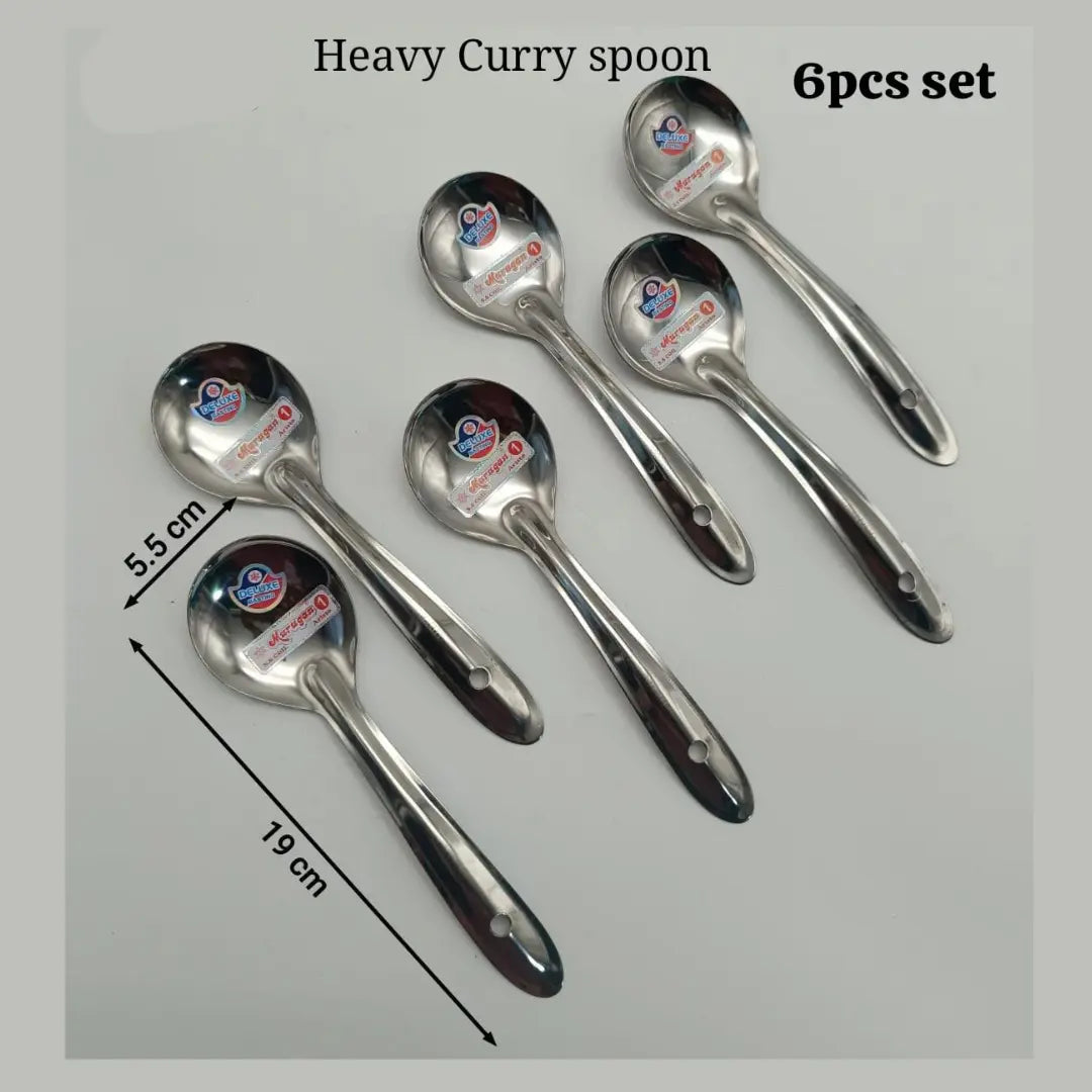 Heavy Stainless Steel Curry Spoon Set – 6 Pcs Durable Kitchen Serving Spoons (19cm)