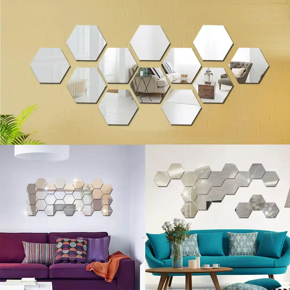 Hexagon Acrylic Mirror Wall Stickers – 12pcs | 5 Sizes | Home Wall Decoration