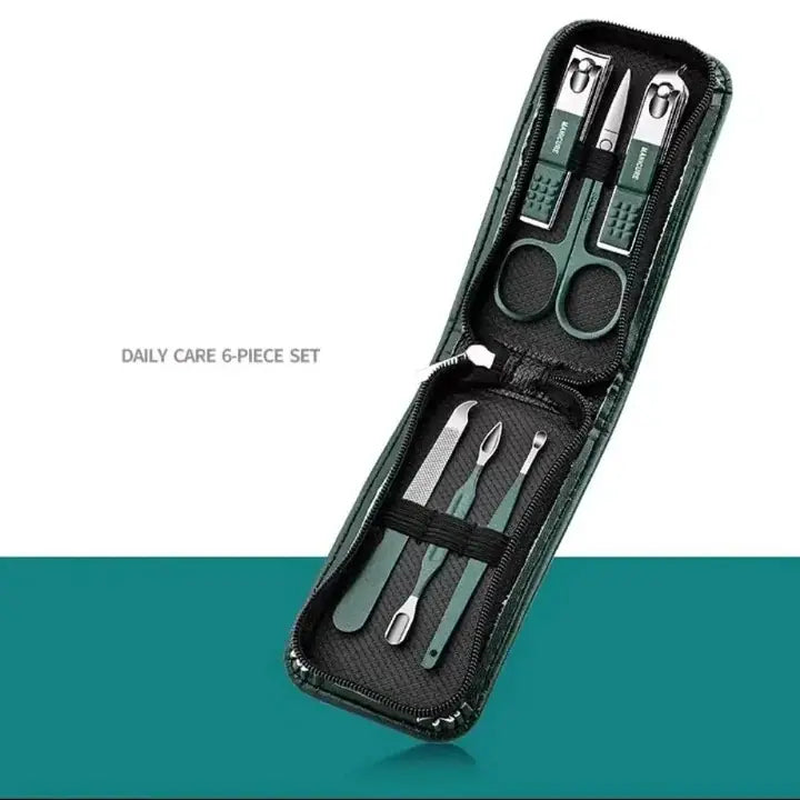 Professional Manicure Set 6 Tools with Green Leather Case