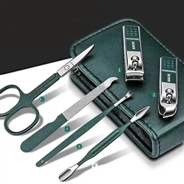 Professional Manicure Set - 6 Tools with Green Leather Case