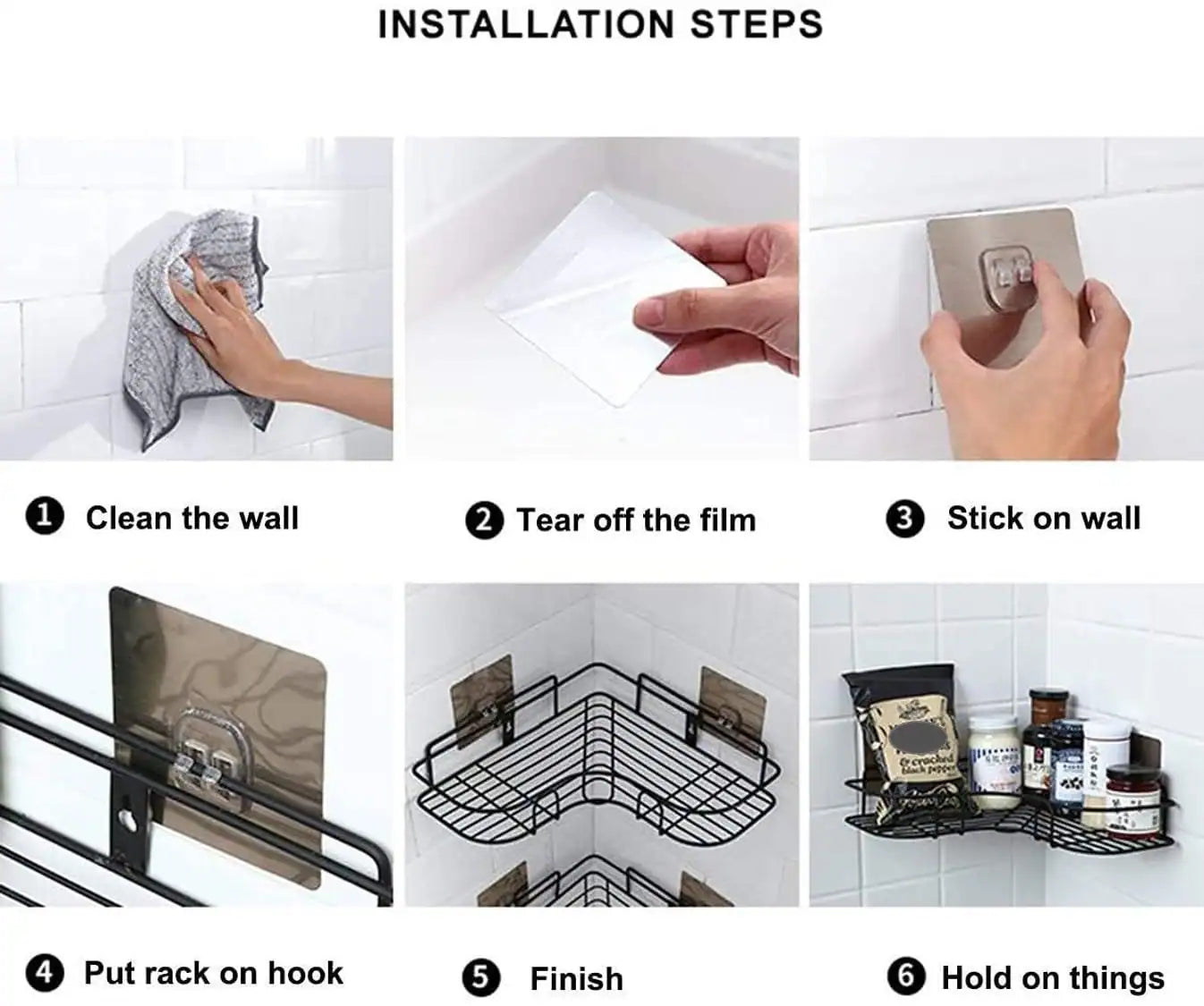 Black Corner Shelf Space-Saving Wire Grid Design with Mounting Brackets