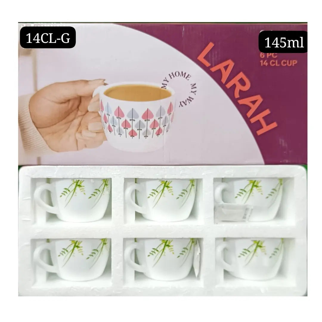 LARAH 6-Piece Tea Cup Set (145ml) – Elegant Green Leaf Design