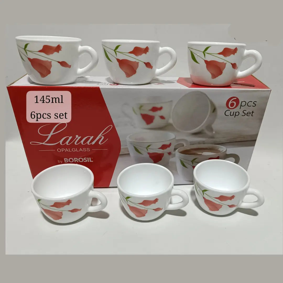 LARAH by Borosil 6-Piece Opal Glass Cup Set (145ml) – Red Floral Design