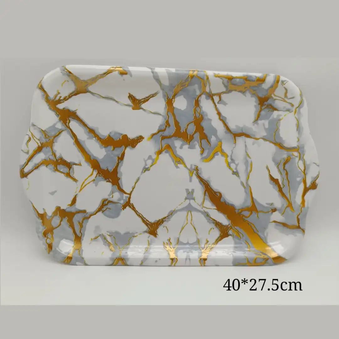 Luxury Marbled Plastic Tray – White, Gray & Gold | 40×27.5cm Decorative Serving Tray