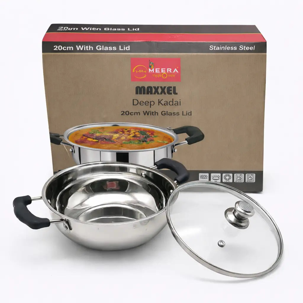 MAXXEL Deep Stainless Steel Kadai with Glass Lid – 20cm
