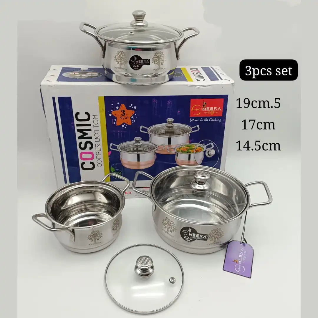 MEERA Cosmic Stainless Steel Cookware Set – 3 Pcs (Copper Bottom)