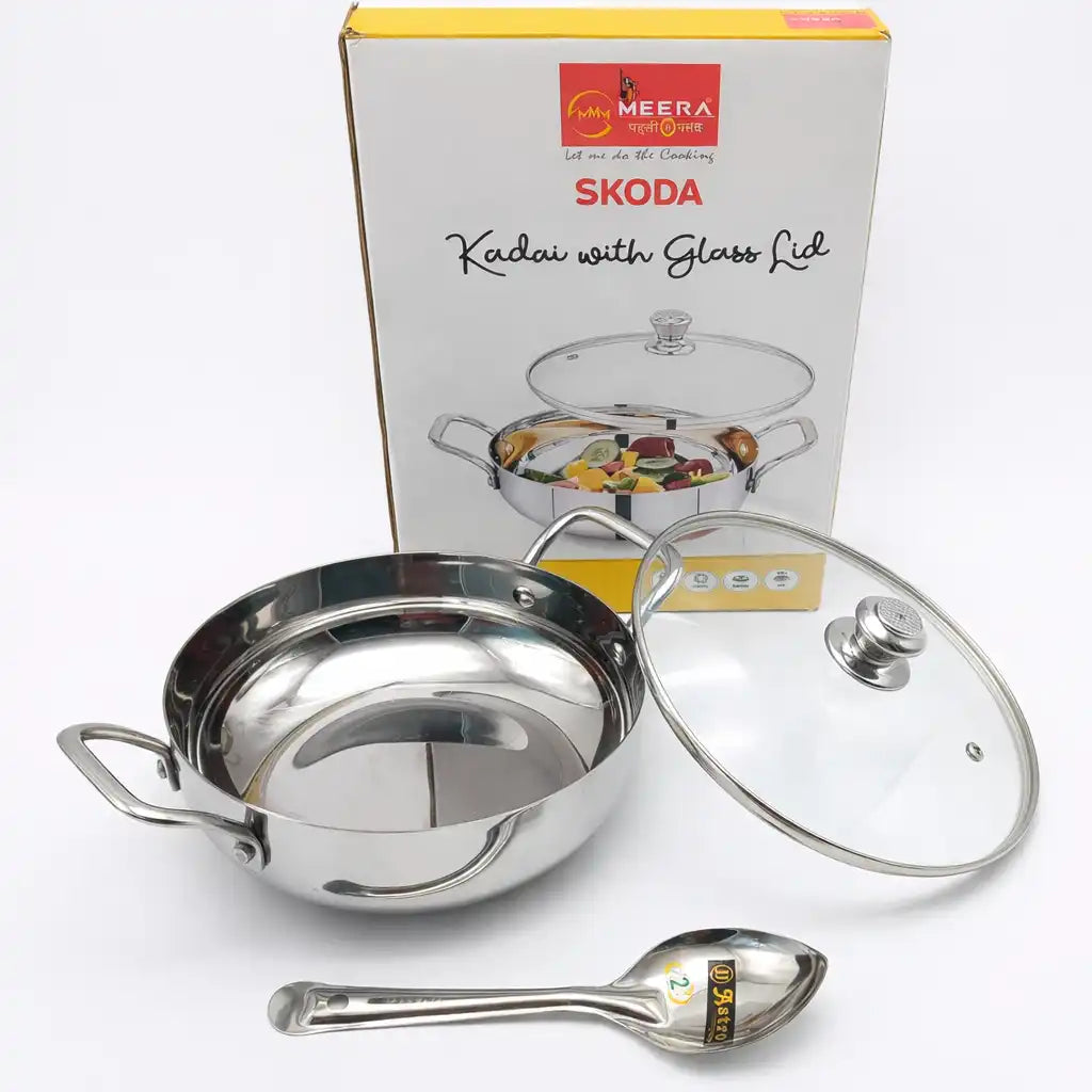 MEERA SKODA Stainless Steel Kadai with Glass Lid & Free Ladle – 22cm