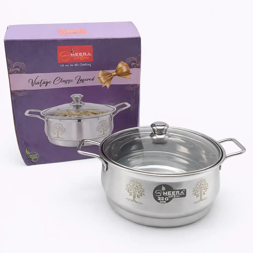 MEERA Vintage Classic Lasered Stainless Steel Casserole with Glass Lid – 19.5cm