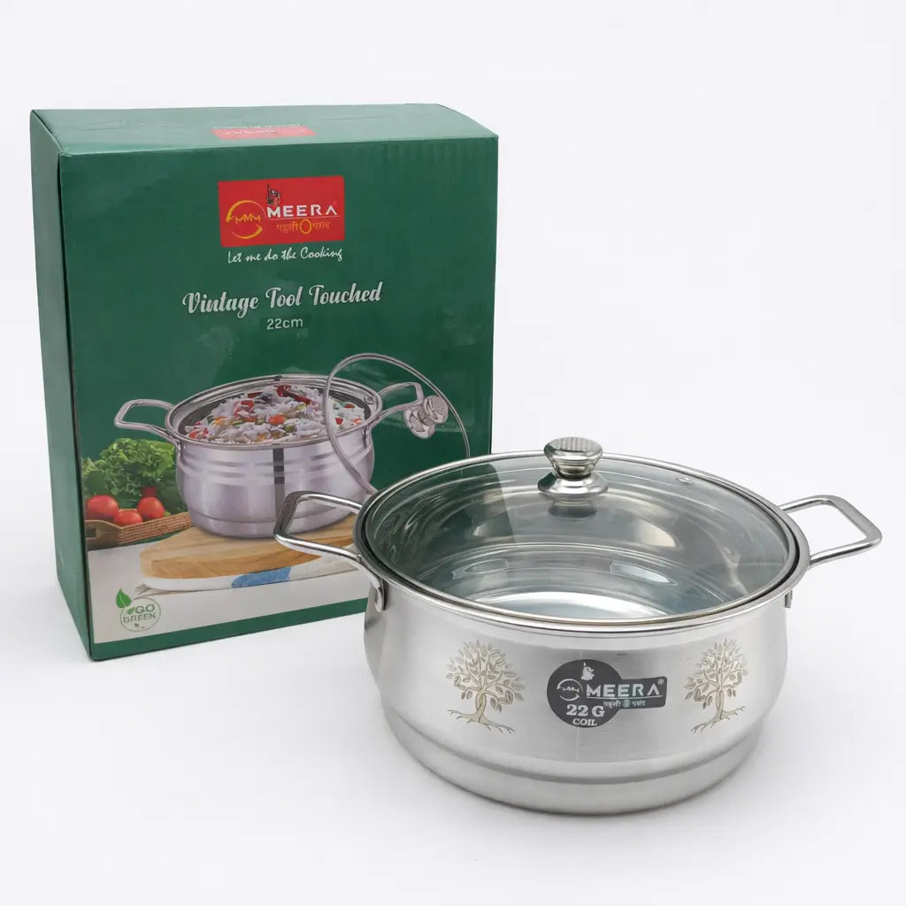 MEERA Vintage Stainless Steel Casserole with Glass Lid – 22cm