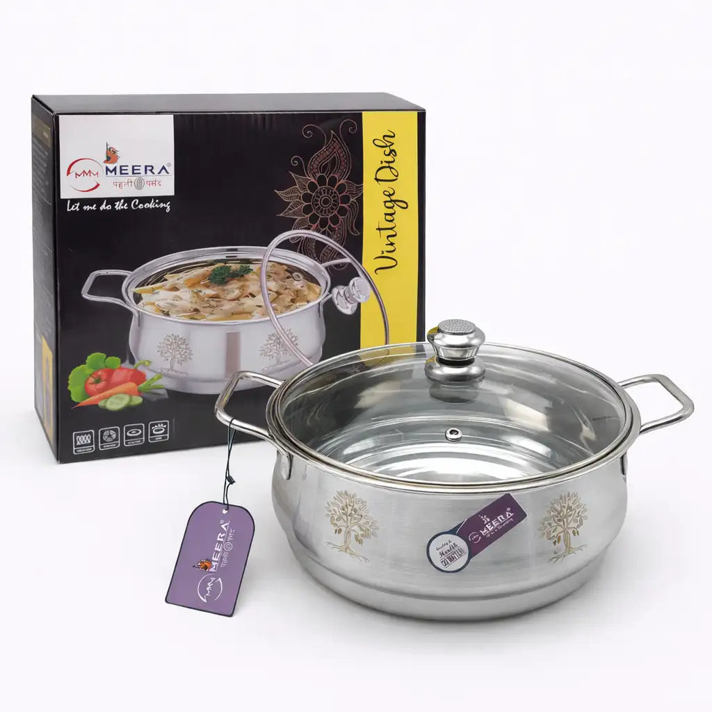 MEERA Vintage Stainless Steel Casserole with Glass Lid – 24cm